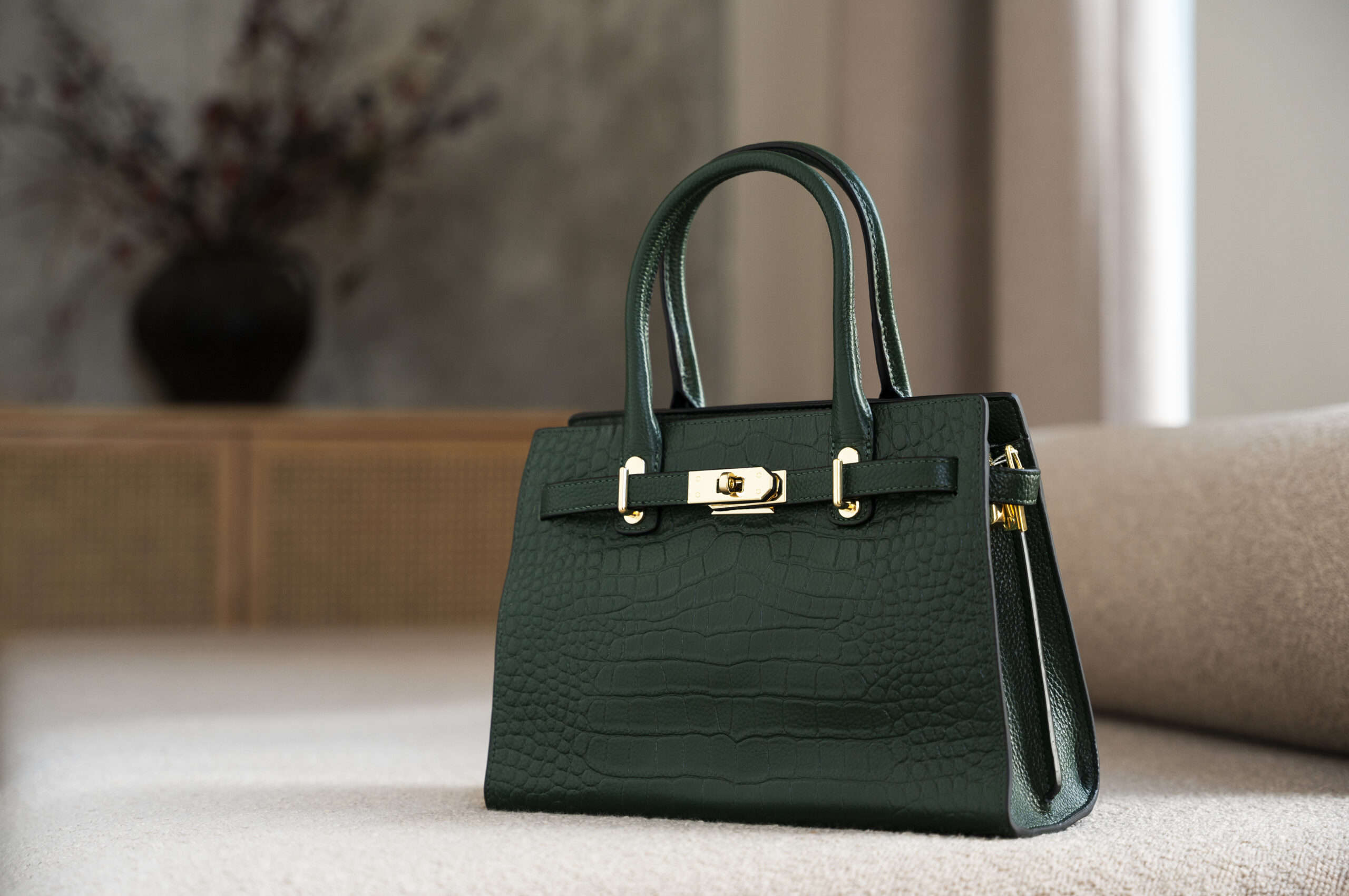 bag hanging from furniture item indoors